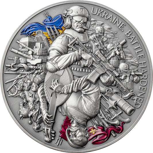 Ghana 10 cedis Ukraine Battle Hardened 2024 2 Oz Ag.999